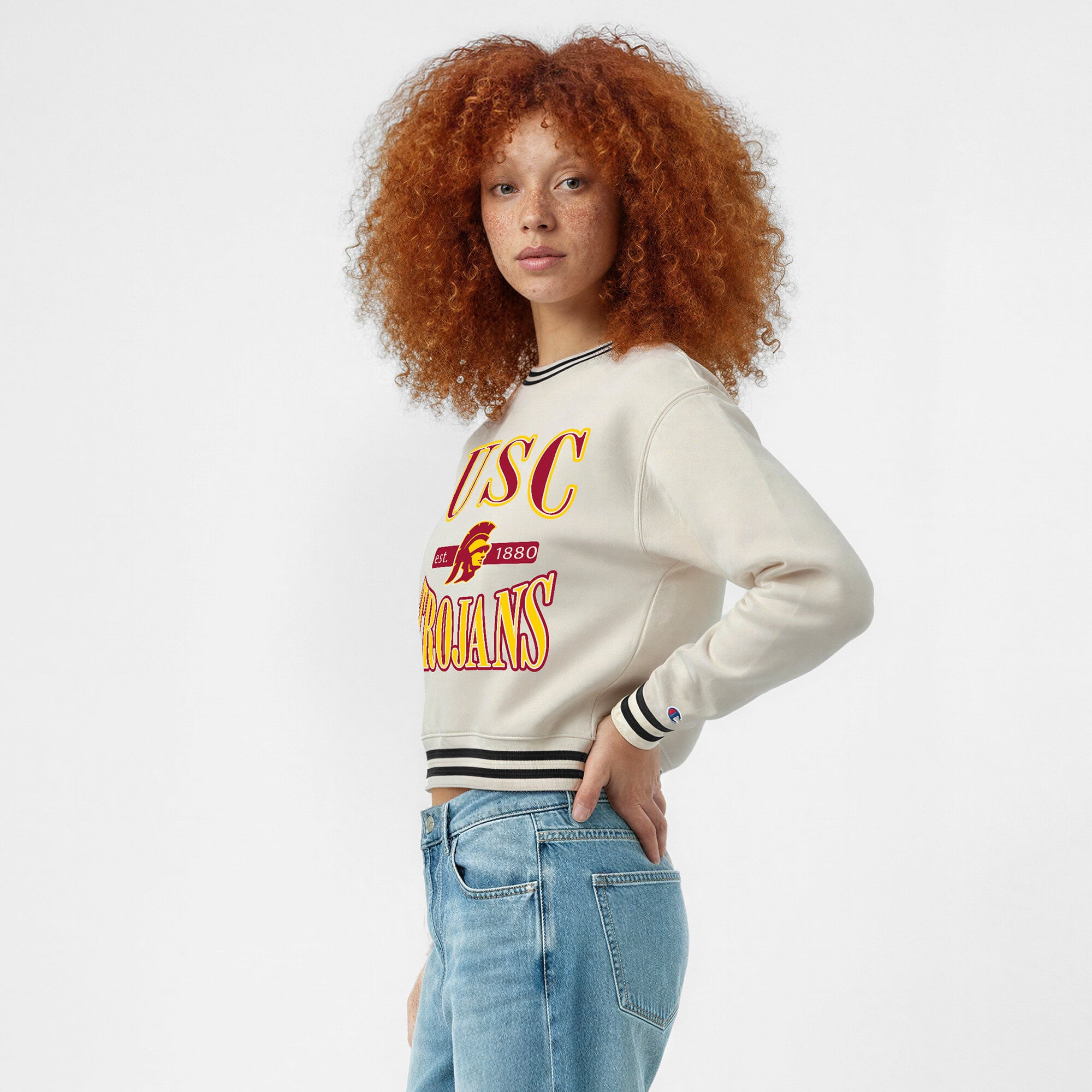 Women's Champion White USC Trojans Yarn Dye Rib Reverse Weave Crew Sweatshirt